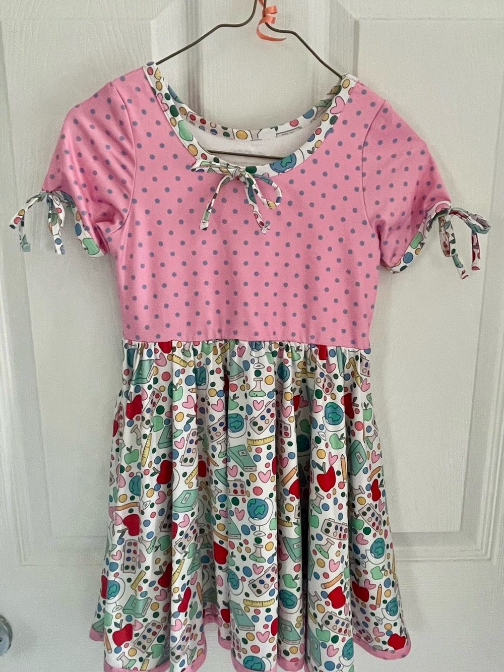 Girls' Pink Polka Dot Casual Dress with Colorful Printed Skirt